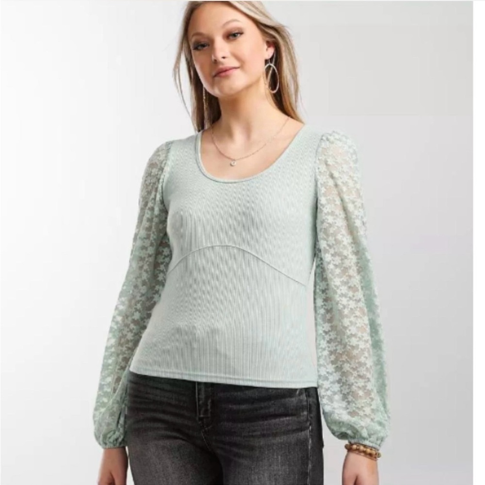 Mint Green Lace Sleeve Top